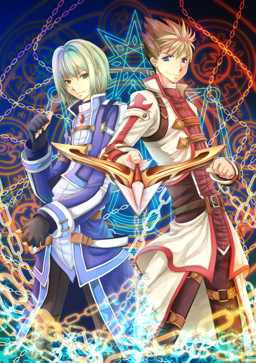 blue_background, blue_eyes, chain, chains, coat, eiyuu_densetsu, falcom, fingerless_gloves