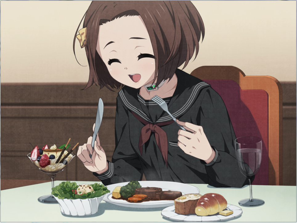 bread, brown_hair, chair, closed_eyes, collar, croissant, cup, euphoria, euphoria_(clockup), eyes_closed, food, fork, fruit, game_cg, hamashima_shigeo, knife, makiba_rika, pocky, pudding, salad, school_uniform, serafuku, short_hair, sitting, source_request, steak, strawberry, wine_glass