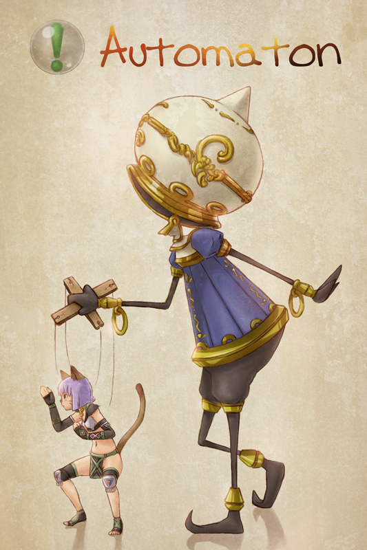 automaton, cat_ears, cat_tail, elbow_gloves, final_fantasy, final_fantasy_xi, fingerless_gloves, gloves, knee_pads, marionette, mithra, nekomasu, profile, puppet_string, puppet_strings, purple_hair, squatting, tail, toeless_legwear