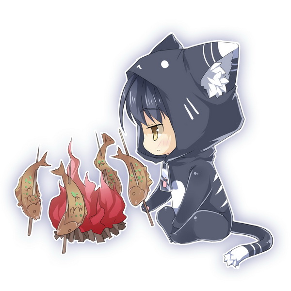 animal_costume, animal_ears, black_hair, campfire, cat_ears, cat_tail, chibi, eiyuu_densetsu