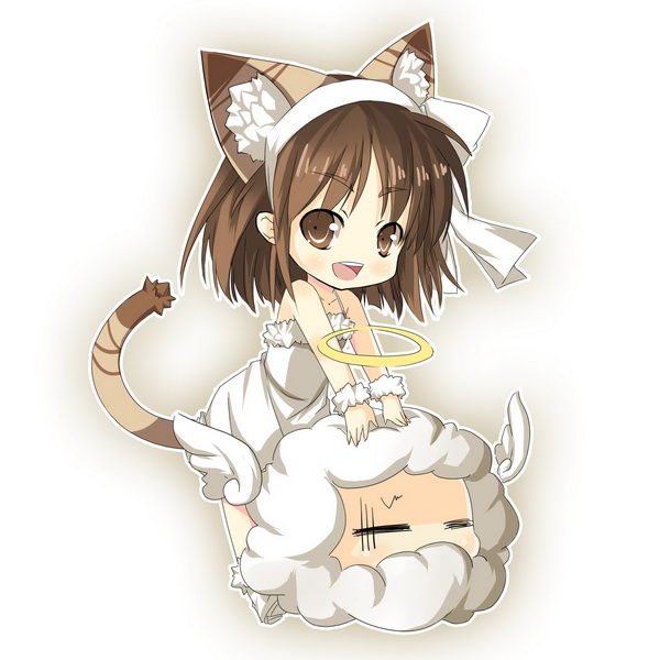 =_=, anelace_elfead, animal_ears, brown_eyes, brown_hair, cat_ears, cat_tail, chibi
