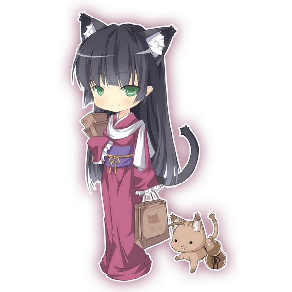 animal_ears, bag, black_hair, cat, cat_ears, cat_tail, chibi, eiyuu_densetsu, falcom, green_eyes, japanese_clothes, kimono, kirika_rouran, long_hair, no_nose, saru, smile, solo, sora_no_kiseki, tail, white_background