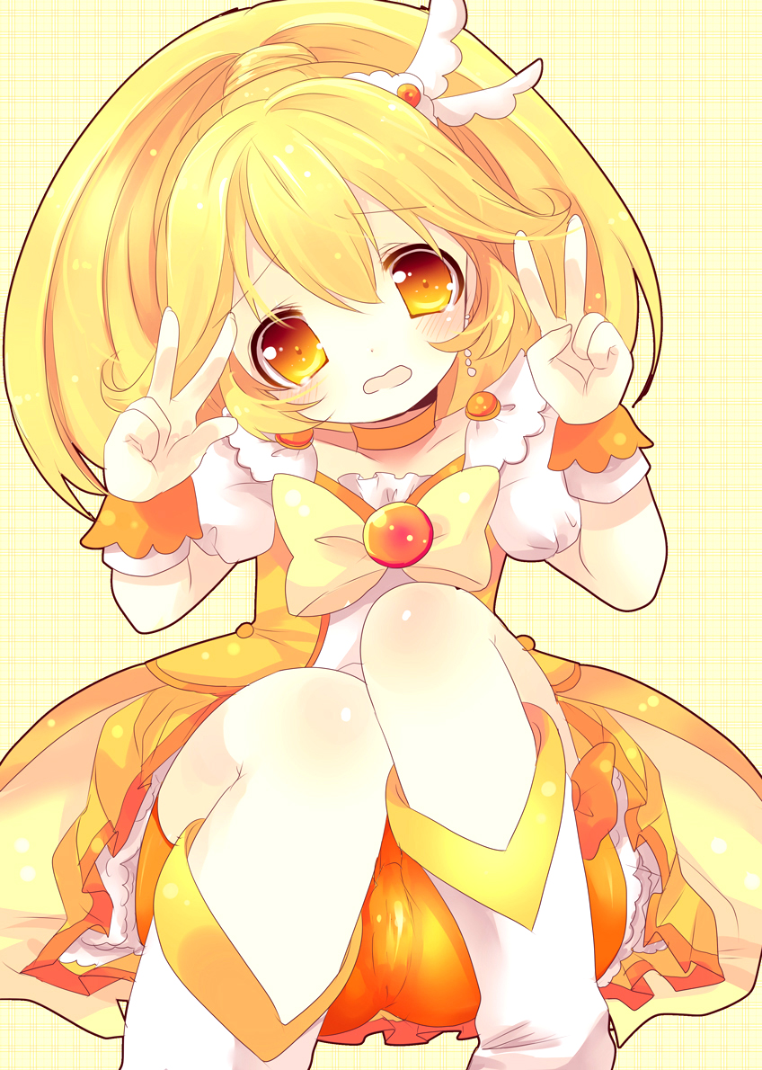 1girl, bike_shorts, blonde_hair, cure_peace, double_v, dress, kise_yayoi, kosuzume