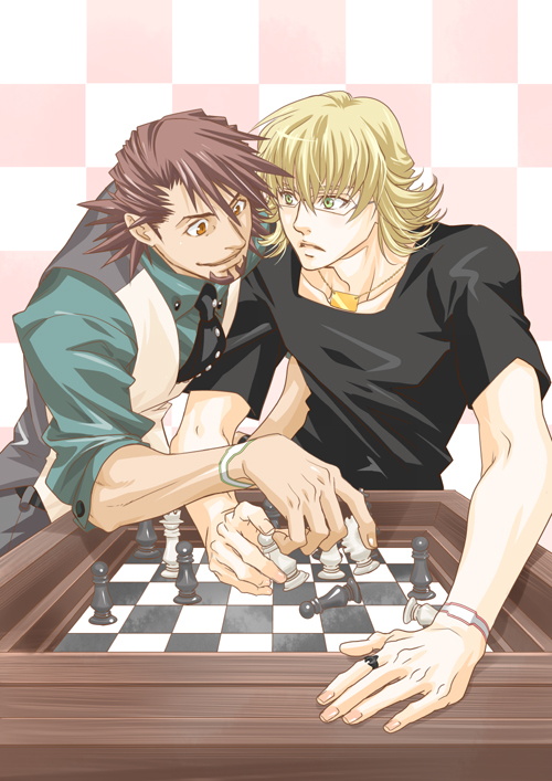 barnaby_brooks_jr, blonde_hair, board_game, brown_eyes, brown_hair, chess, chess_piece, chessboard