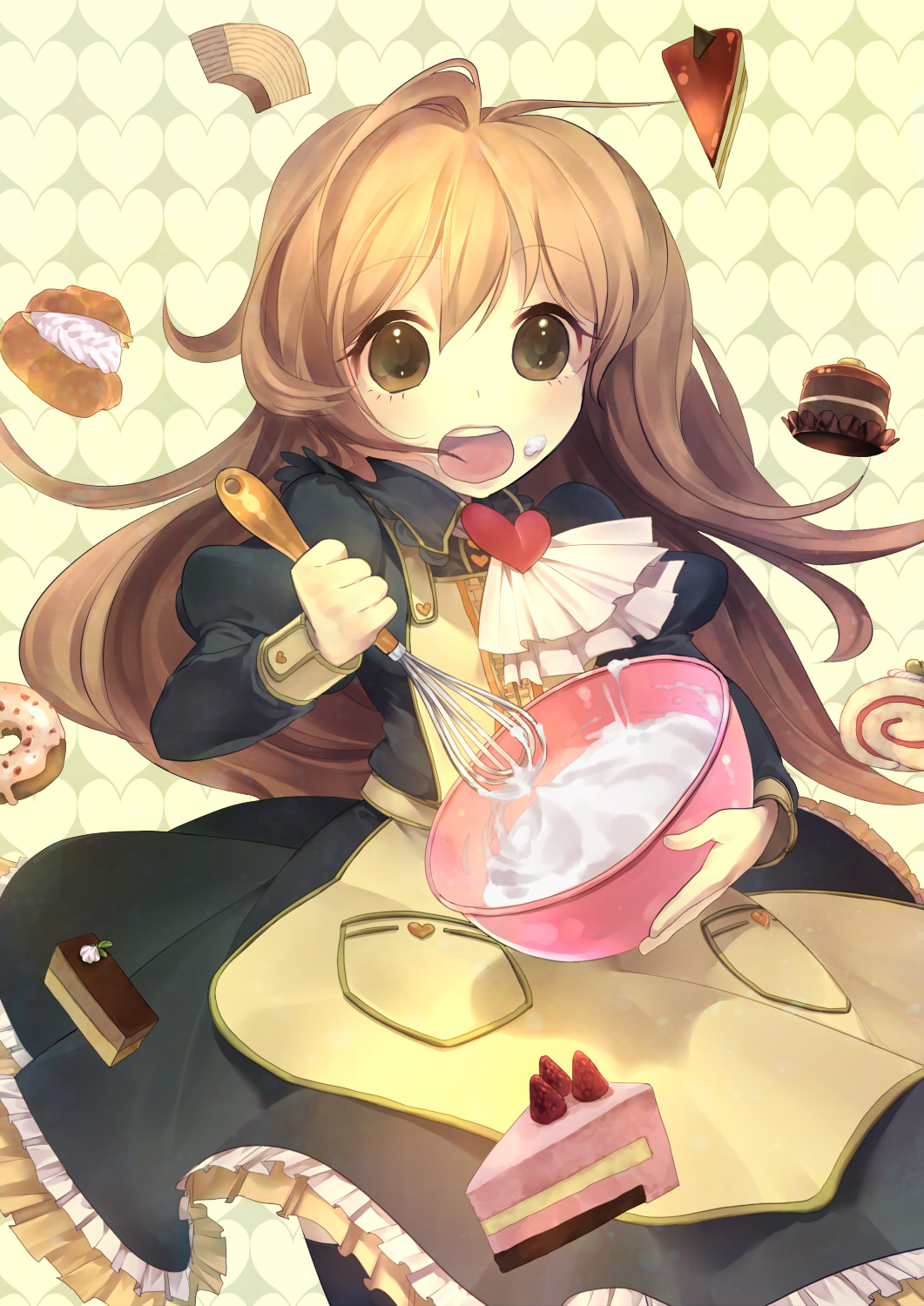 bad_id, batter, bowl, brown_eyes, brown_hair, cake, cooking, cream_puff