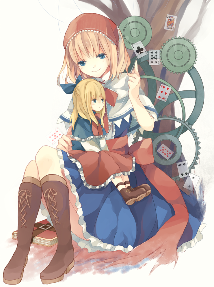 alice_margatroid, bad_id, blonde_hair, blue_eyes, blush, book, bow, capelet