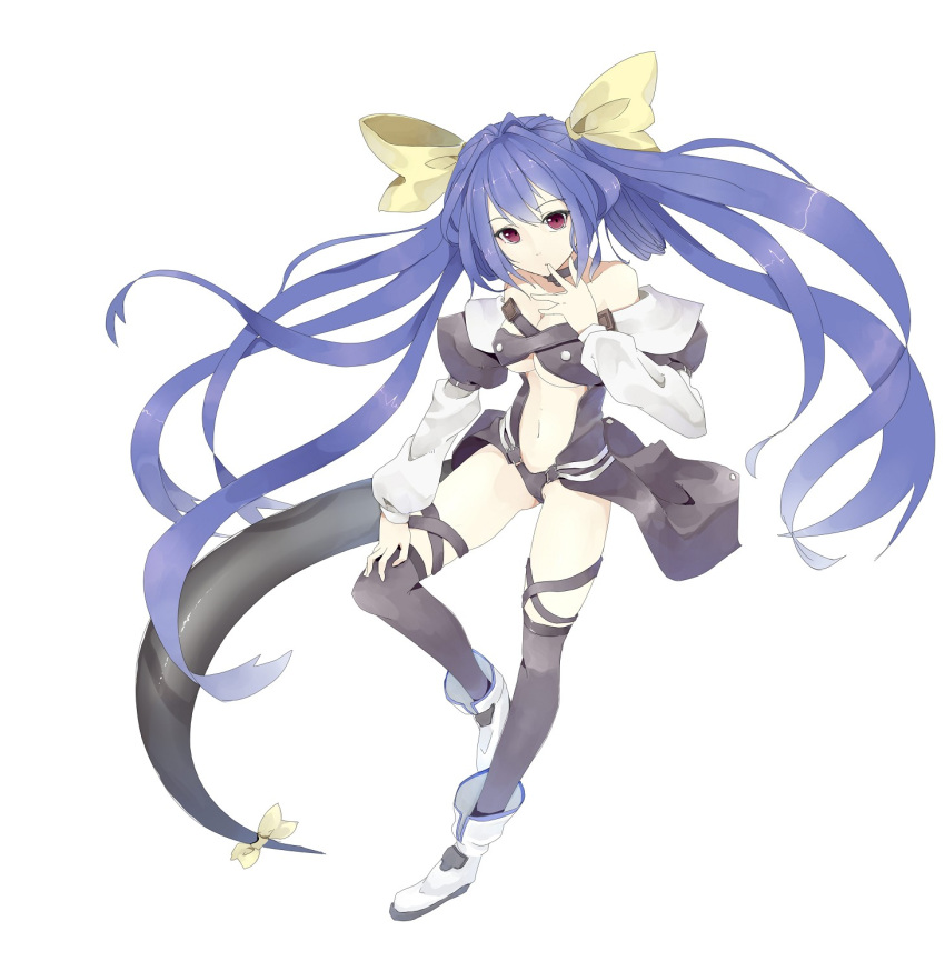 black_legwear, blue_hair, blush, bow, breasts, choker, detached_sleeves, dizzy