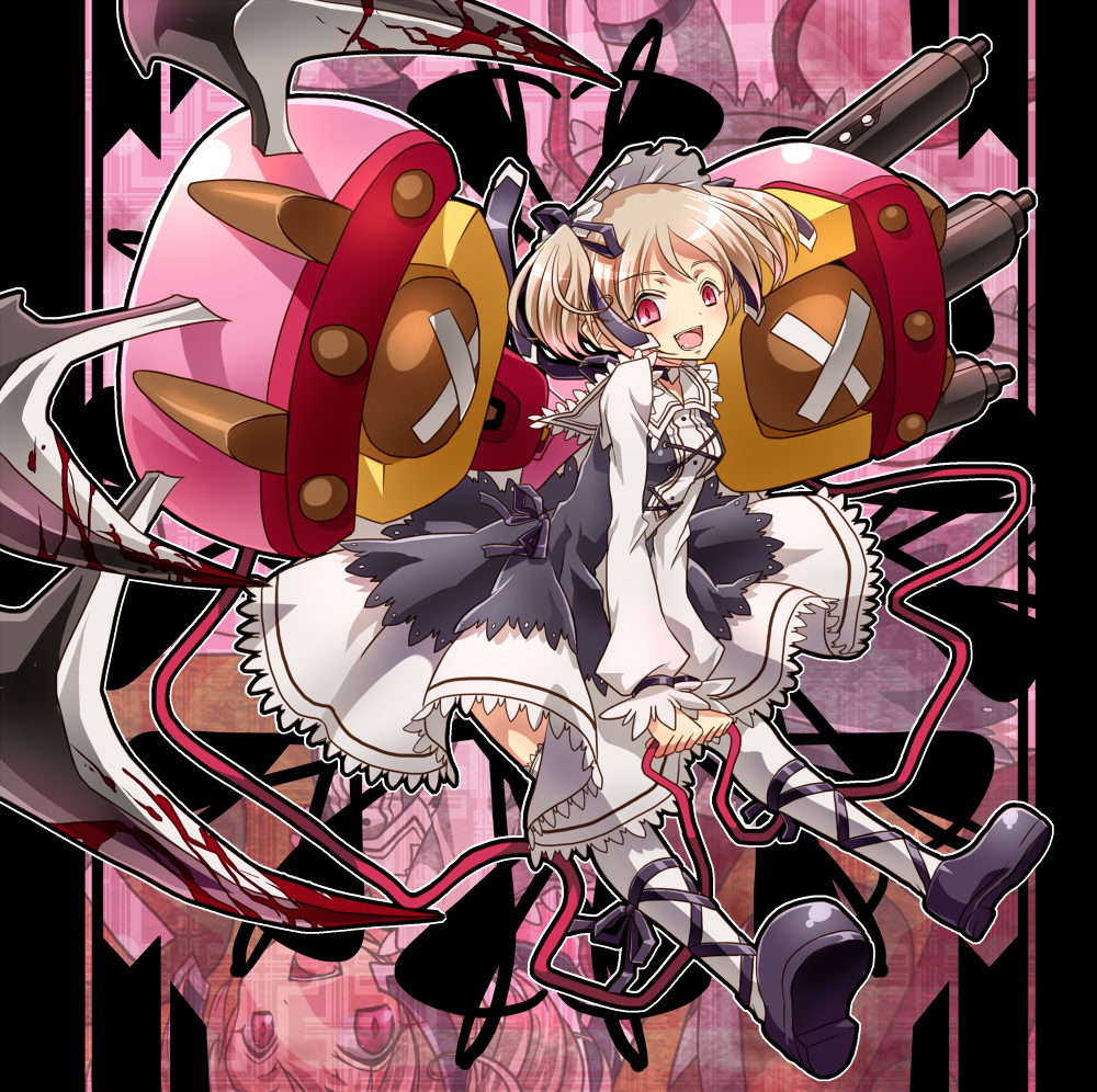 1girl, annerose_redrum, arai_nobu, backpack, bag, blood, blush, bonnet, breasts, brown_hair, dress, fangs, gothic_lolita, hair_ribbon, kipapa_(arainobu), kipapa_broken-bear, lace, lolita_fashion, long_hair, mary_janes, original, pink_eyes, randoseru, ribbon, shoes, smile, solo, twintails, weapon, white_legwear, zoom_layer