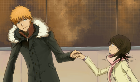 1girl, bleach, brown_hair, fur_trim, hand_holding, height_difference, holding_hands, jacket