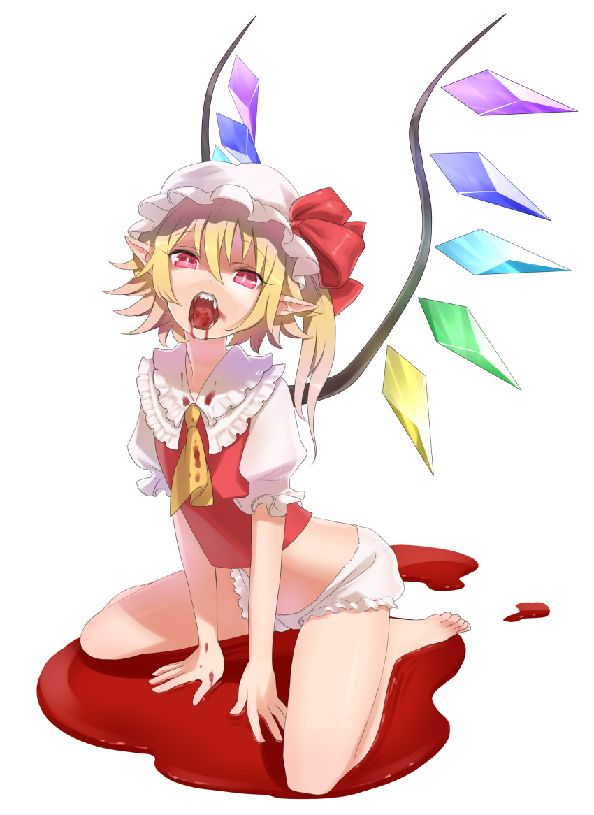absurdres, ascot, bare_legs, barefoot, blonde_hair, blood, blood_on_face, blood_stain, bloody_clothes, bloody_teeth, bloomers, fangs, flandre_scarlet, hat, hat_ribbon, highres, no_pants, open_mouth, pointy_ears, pool_of_blood, puchiman, red_eyes, ribbon, short_hair, side_ponytail, sitting, solo, the_embodiment_of_scarlet_devil, touhou, vampire, wariza, wings