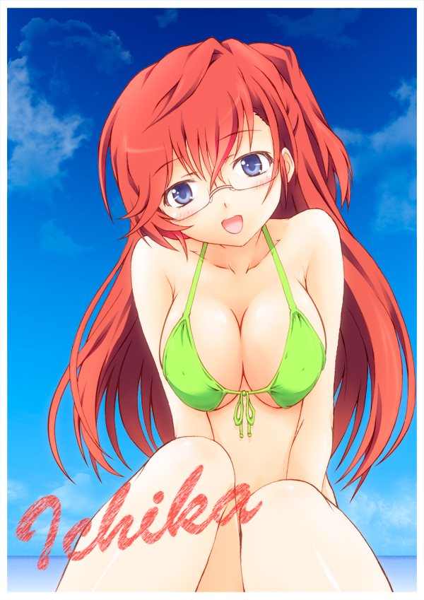 :d, ano_natsu_de_matteru, bikini, blue_eyes, blush, breast_squeeze, breasts, character_name