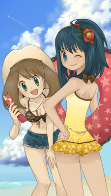 airplane, beach, bikini_top, blue_eyes, blue_hair, breasts, brown_hair, cellphone