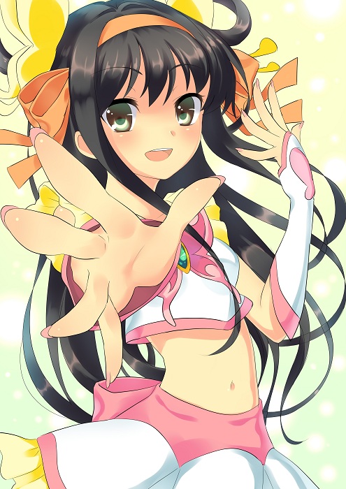 bad_id, black_hair, cosplay, cure_dream, cure_dream_(cosplay), dai_(uhyoko1102151), green_eyes, hair_ribbon, hairband, long_hair, midriff, navel, open_mouth, precure, ribbon, solo, suzumiya_haruhi, suzumiya_haruhi_no_yuuutsu, yes!_precure_5