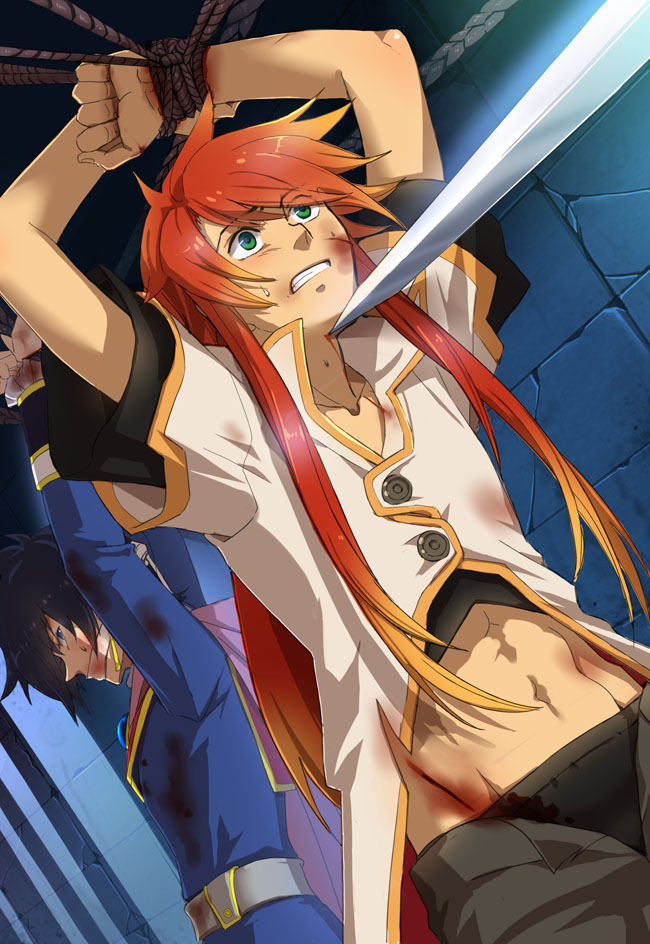 arms_up, bdsm, black_hair, blood, blue_eyes, bondage, clenched_teeth, coat, green_eyes, injury, leon_magnus, liduke, long_hair, luke_fon_fabre, male, midriff, multiple_boys, nervous, red_hair, redhead, rope, sword, tales_of_(series), tales_of_destiny, tales_of_the_abyss, weapon