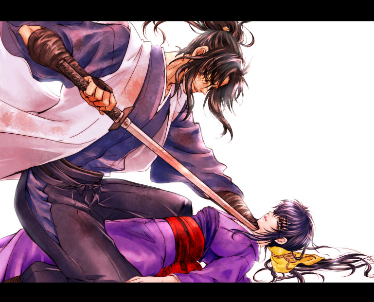 1girl, basilisk_(manga), black_hair, closed_eyes, couple, eyes_closed, hakama, iga_oboro