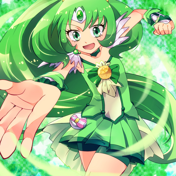 bike_shorts, cure_march, green, green_background, green_eyes, green_hair, long_hair, magical_girl, midorikawa_nao, pohe, precure, ribbon, shorts_under_skirt, skirt, smile_precure!, solo, tri_tails