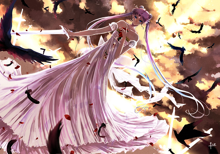 bare_shoulders, bird, bishoujo_senshi_sailor_moon, blue_eyes, cloud, collarbone, crescent, cross