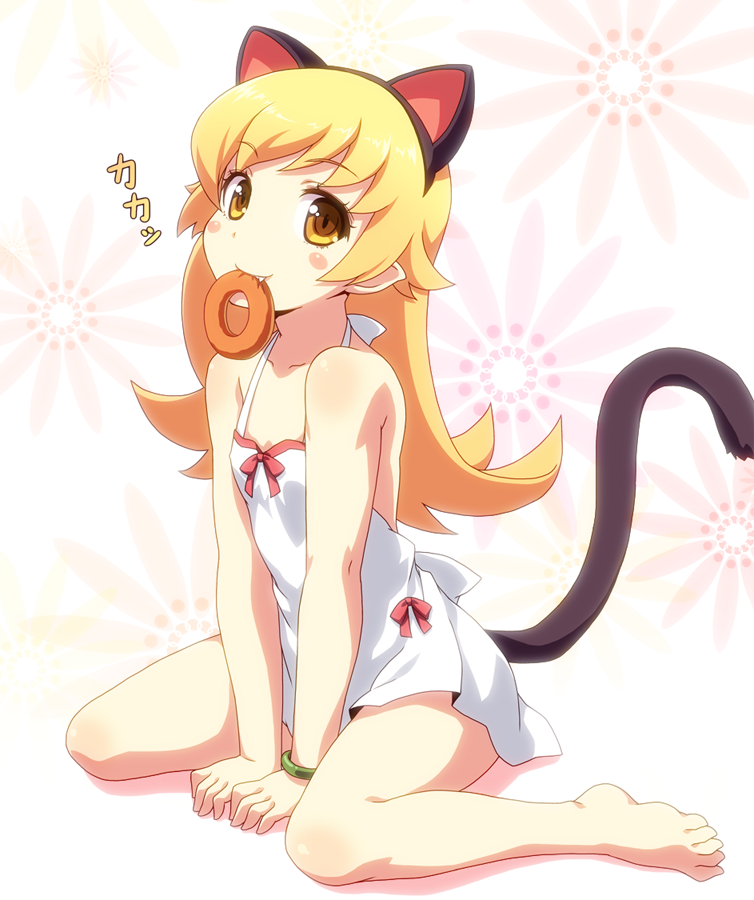 animal_ears, bakemonogatari, barefoot, blonde_hair, blush_stickers, bracelet, cat_ears, cat_tail