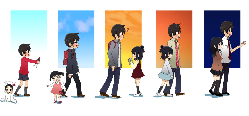 1girl, age_difference, age_progression, black_eyes, black_hair, blush, brown_eyes, child