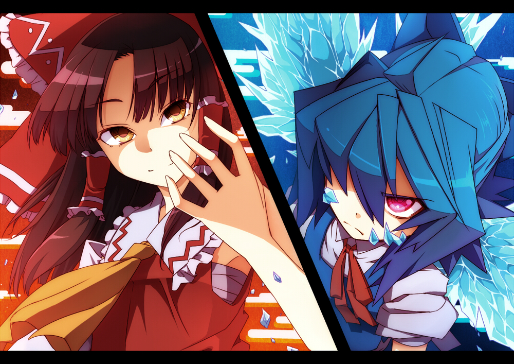blue_hair, bow, brown_eyes, brown_hair, cirno, hair_bow, hair_tubes, hakurei_reimu, japanese_clothes, miko, purple_eyes, senhaku, touhou, violet_eyes, wings