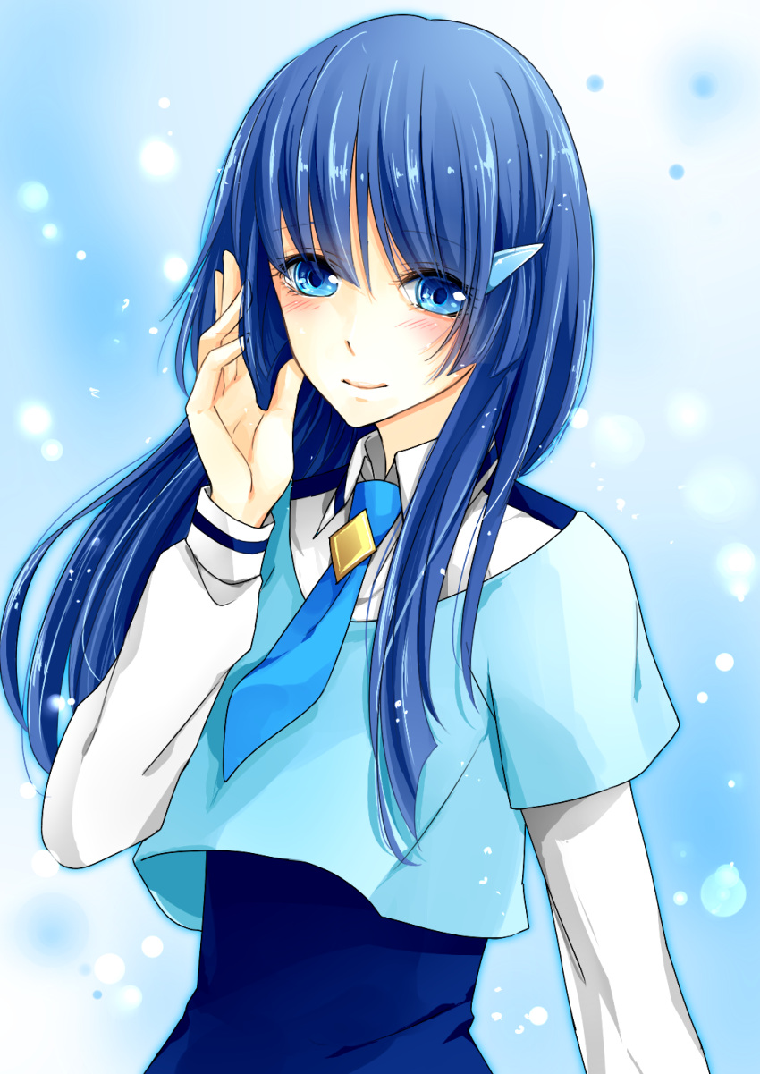 akazaki_(sxlan), aoki_reika, bad_id, blue_eyes, blue_hair, dress, hair_ornament, hairclip, highres, long_hair, precure, school_uniform, skirt, smile, smile_precure!, solo