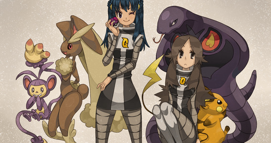 2girls, :<, ambipom, arbok, blue_(pokemon), blue_eyes, blue_hair, brown_eyes