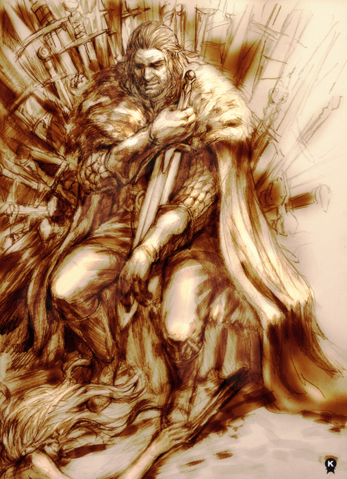 1girl, a_song_of_ice_and_fire, beard, blood, cape, eddard_stark, facial_hair, fundoshi_(tofupoid), long_hair, monochrome, realistic, sword, throne, weapon
