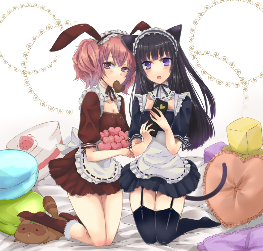 :o, animal_ears, black_hair, bunny_ears, cat_ears, garters, heart, highres
