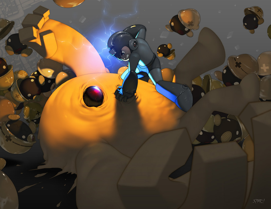 battle, capcom, electricity, epic, francisco_perez, lightning, mega_man_(character), mega_man_(classic)