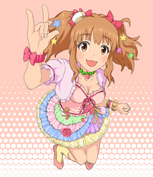 :3, :d, \m/, blush, bow, bracelet, breasts, brown_eyes