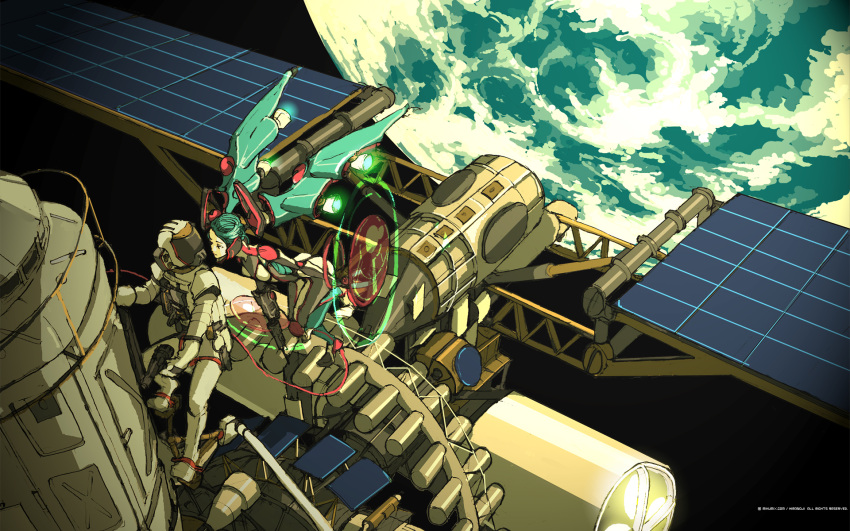 aqua_hair, bodysuit, earth, gecco, hatsune_miku, highres, hirasawa_geko, mikumix