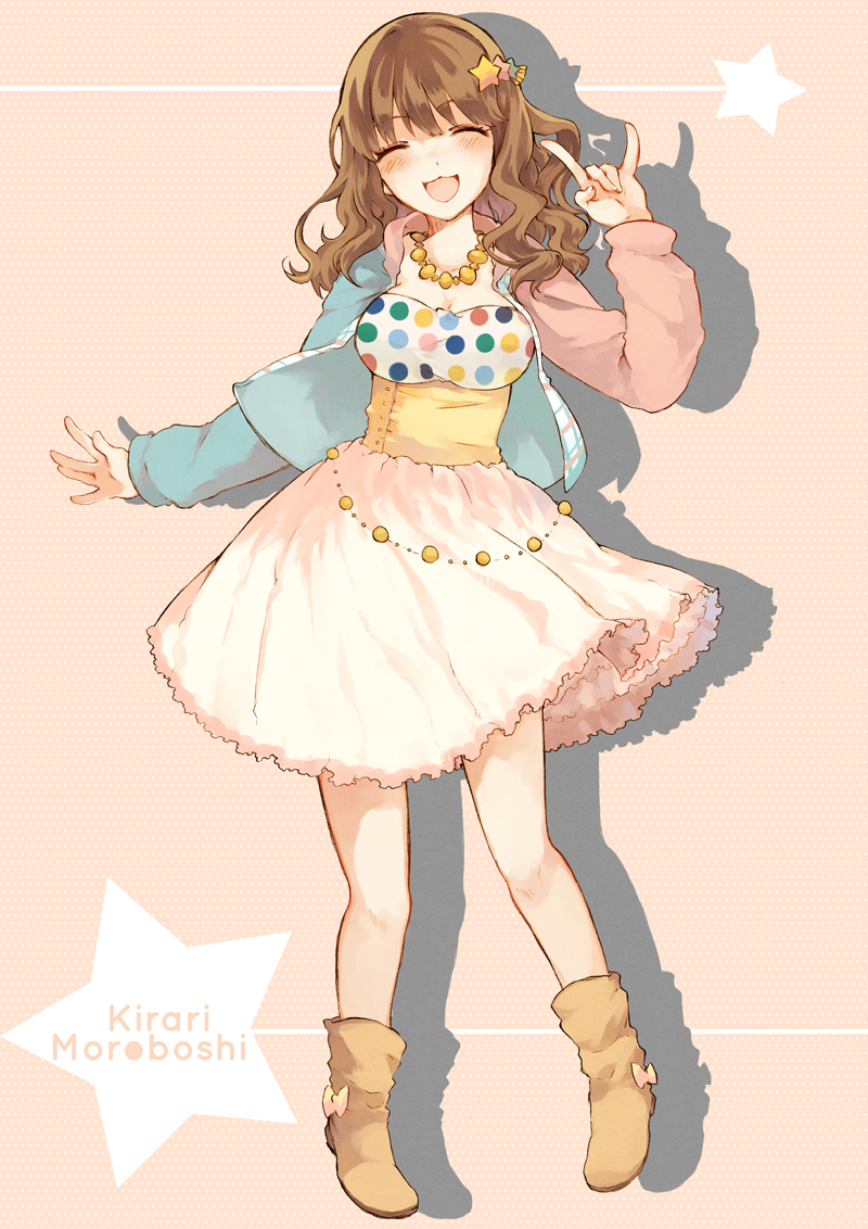 :3, ^_^, breasts, brown_hair, character_name, closed_eyes, dress, eyes_closed, hair_ornament, hairclip, idolmaster, idolmaster_cinderella_girls, jacket, jewelry, long_hair, moroboshi_kirari, necklace, open_mouth, shiina_aya, smile, solo, star_hair_ornament, wavy_hair