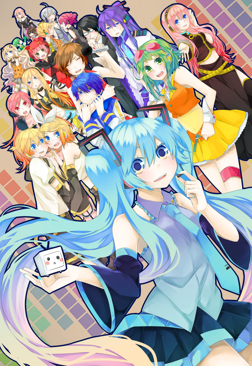 ahoge, akita_neru, anger_vein, aqua_eyes, aqua_hair, black_hair, blonde_hair, blue_eyes