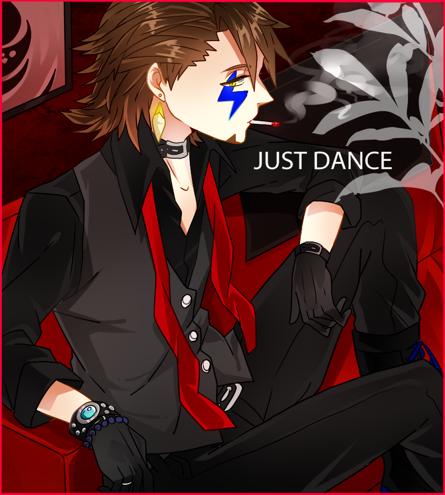 1boy, black_gloves, boots, bracelet, brown_eyes, brown_hair, cigarette, earrings