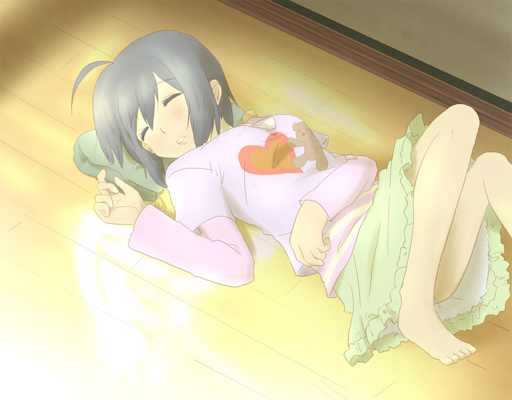 ahoge, barefoot, black_hair, breasts, closed_eyes, eyes_closed, idolmaster, idolmaster_cinderella_girls