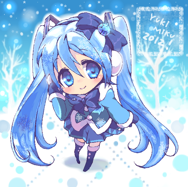2012, blue_eyes, blue_hair, boots, bow, chibi, earmuffs, hair_bow