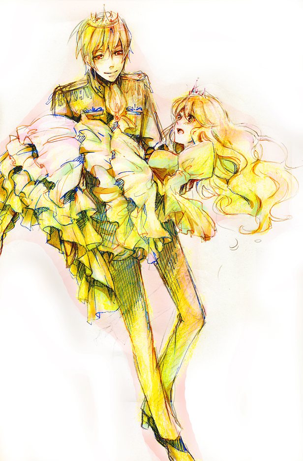 1boy, 1girl, blonde_hair, brown_eyes, carrying, couple, crown, dress