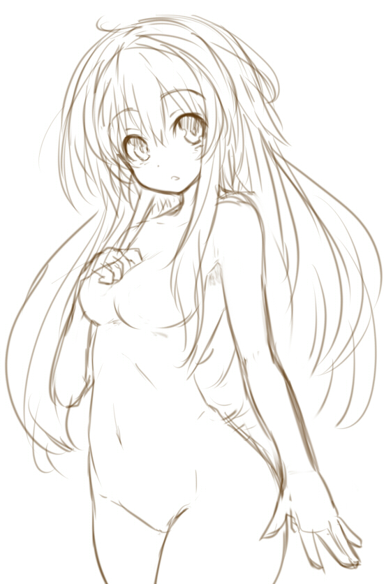 breasts, copyright_request, long_hair, monochrome, no_nipples, nude, sketch, solo