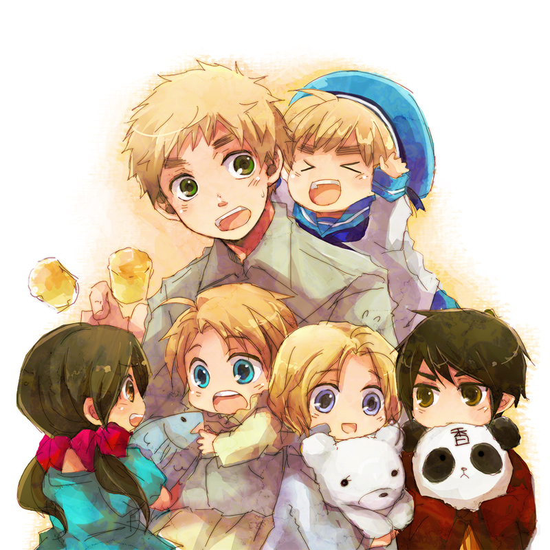 america_(hetalia), axis_powers_hetalia, bear, black_hair, blonde_hair, blue_eyes, brown_eyes, brown_hair