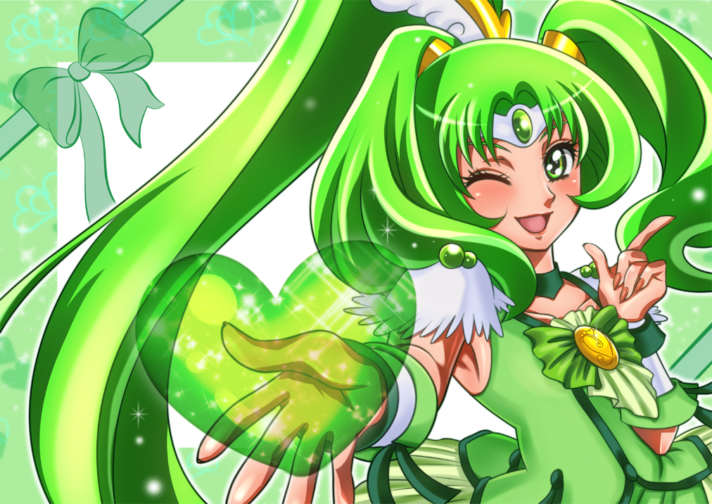 bike_shorts, choker, cure_march, green, green_background, green_eyes, green_hair, heart
