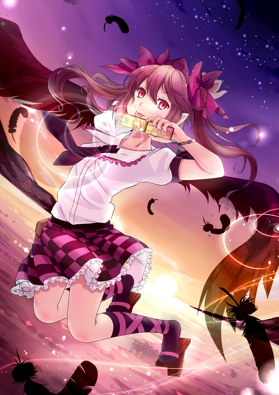 brown_hair, cellphone, checkered, checkered_skirt, feathers, full_body, geta, hair_ribbon