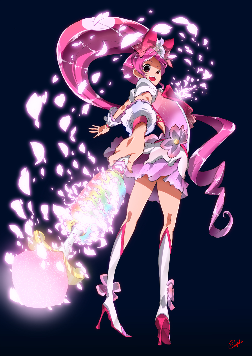 blue_background, cure_blossom, flower_tact, hanasaki_tsubomi, heartcatch_precure!, highres, magical_girl, precure