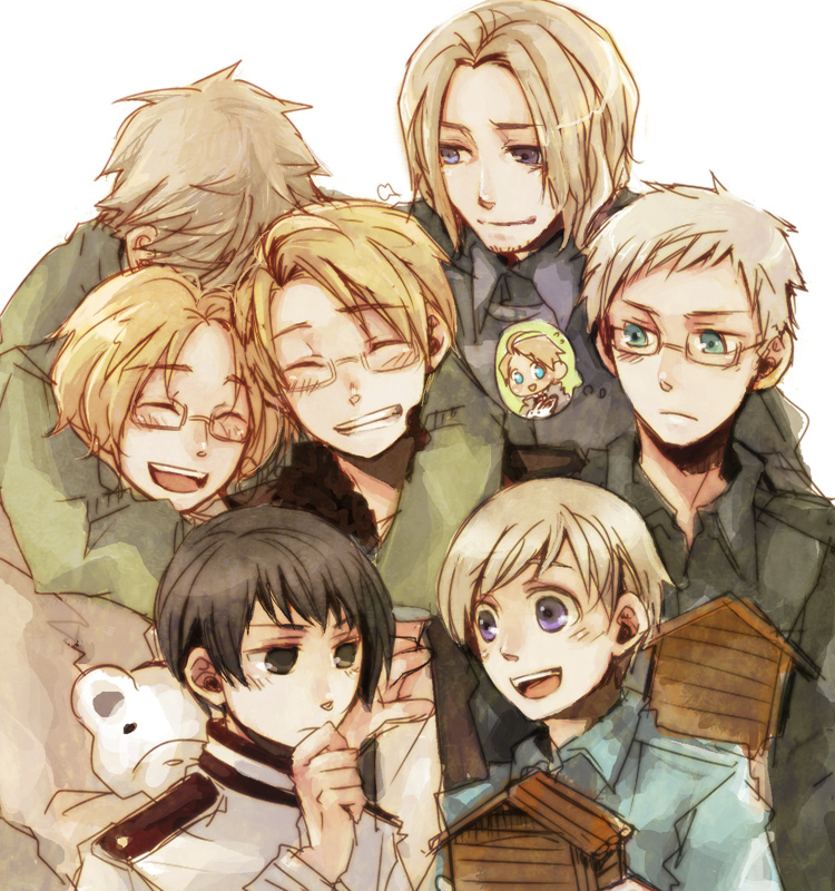 axis_powers_hetalia, black_eyes, black_hair, blonde_hair, blush, canada_(hetalia), closed_eyes, finland_(hetalia)