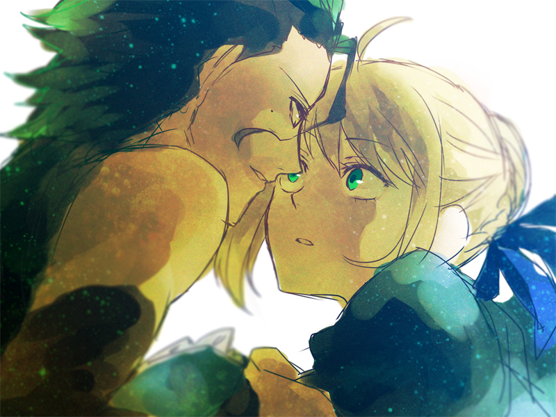 1girl, ahoge, black_hair, blonde_hair, dress, fate/zero, fate_(series), green_eyes