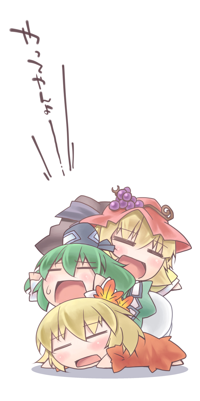 =_=, aki_minoriko, aki_shizuha, blonde_hair, blush, chibi, food, food_themed_clothes, fruit, ghost, ghost_tail, girl_sandwich, grapes, green_hair, hair_ornament, hat, highres, leaf, leaf_on_head, multiple_girls, nyagakiya, open_mouth, short_hair, siblings, sisters, soga_no_tojiko, tate_eboshi, touhou, yatteyan'yo, yatteyan'yo