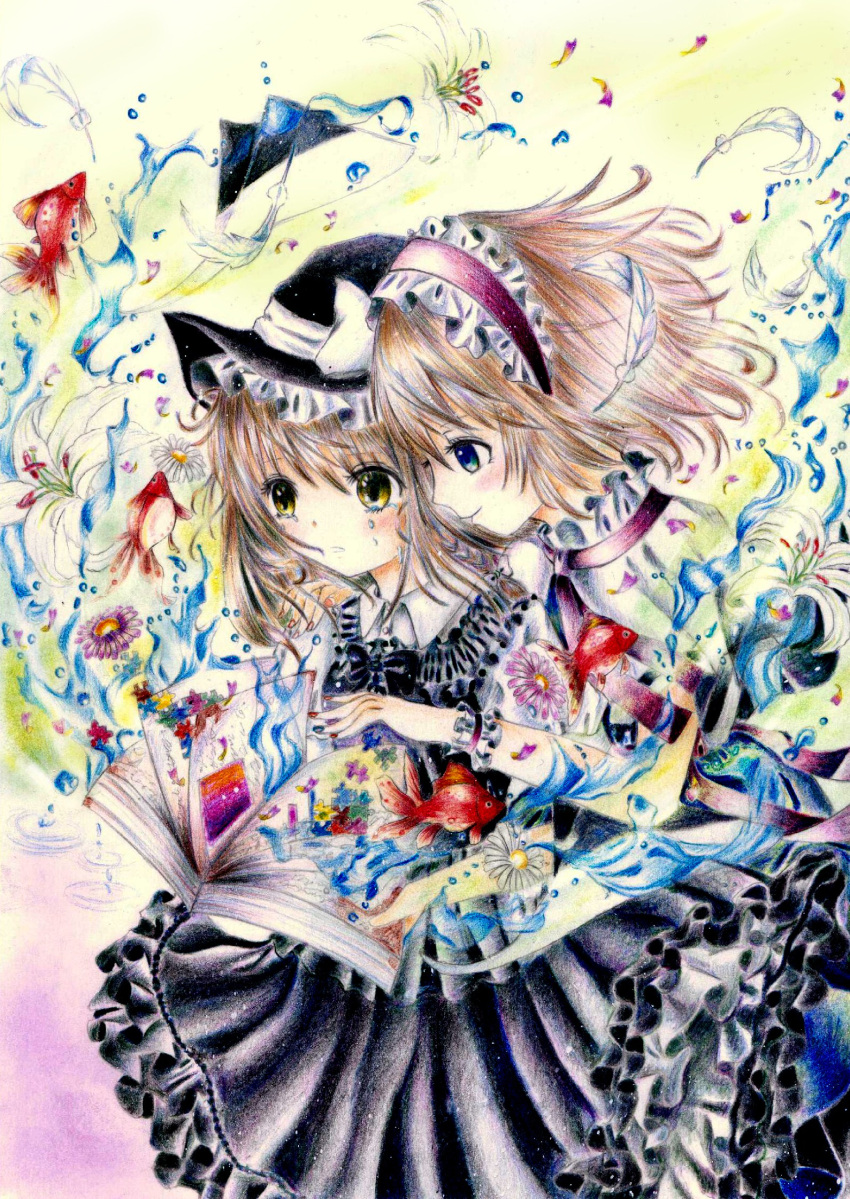 2girls, alice_margatroid, alternate_costume, aster_(flower), blue_eyes, book, bow, buttons, capelet, colored_pencil_(medium), daisy, darkkanan, eyelashes, feathers, fingernails, fish, flower, goldfish, graphite_(medium), hand_on_shoulder, hat, hat_bow, headband, high_res, highres, jigsaw_puzzle, kirisame_marisa, light_brown_hair, light_smile, multicolored_nail_polish, multiple_girls, orchid, parted_lips, pastel_(medium), ripples, shirt, short_hair, short_sleeves, tears, touhou, traditional_media, water, witch_hat, wrist_cuffs, yellow_eyes