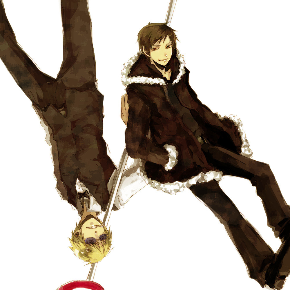 black_hair, blonde_hair, cigarette, coat, durarara!!, heiwajima_shizuo, multiple_boys, orihara_izaya