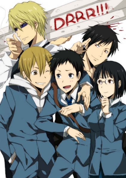 bag, black_hair, blazer, blonde_hair, blood, blush, bob_cut, cigarette, durarara!!, earrings, glasses, grin, hand_in_pocket, hand_on_own_face, heiwajima_shizuo, hitting, i-beam, jewelry, kida_masaomi, light_smile, open_mouth, orihara_izaya, ring, ryuugamine_mikado, school_bag, school_uniform, short_hair, smile, smoking, sonohara_anri, su_(113232), sunglasses, title_drop, wink
