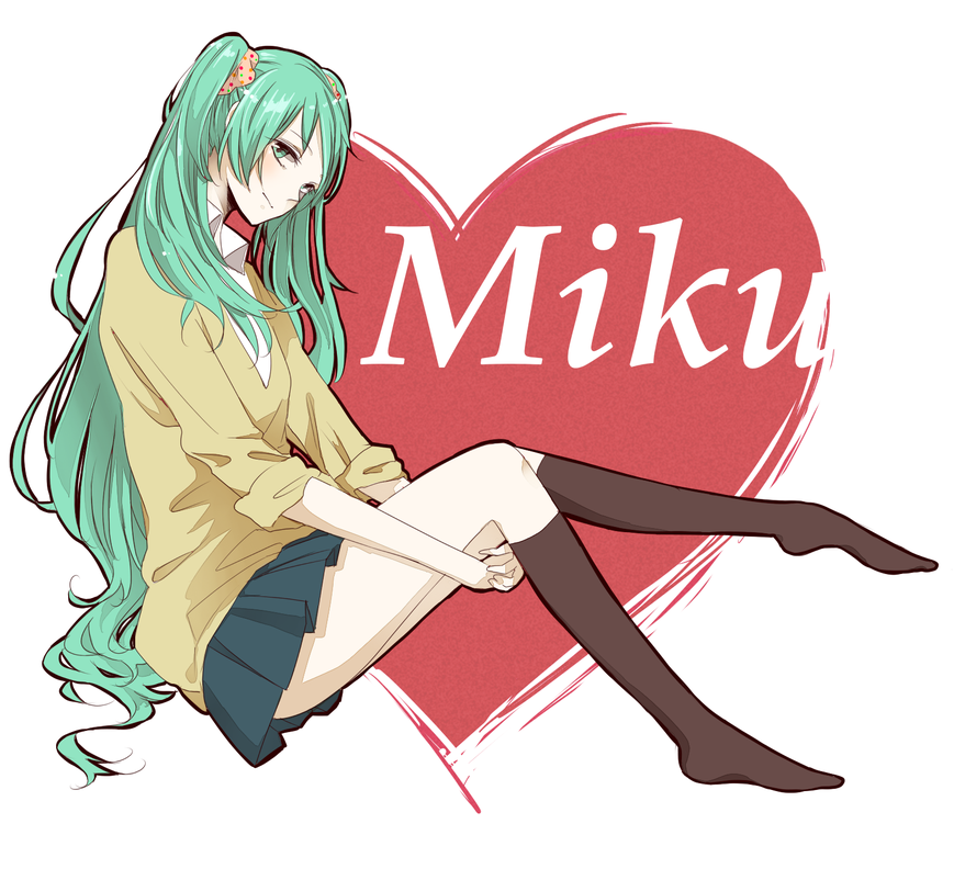 bad_id, character_name, green_eyes, green_hair, hatsune_miku, heart, kneehighs, leg_hug, long_hair, matennrou, school_uniform, sitting, skirt, sleeves_rolled_up, solo, sweater, twintails, very_long_hair, vocaloid