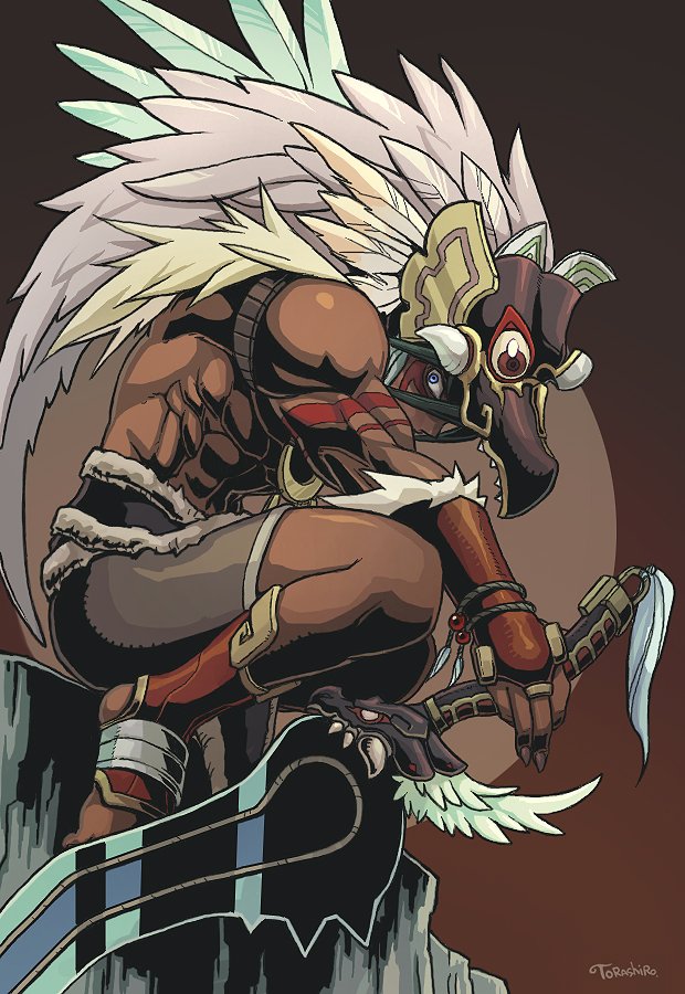 1boy, feathers, headdress, muscle, original, signature, solo, sword, torashiro_eiji, weapon